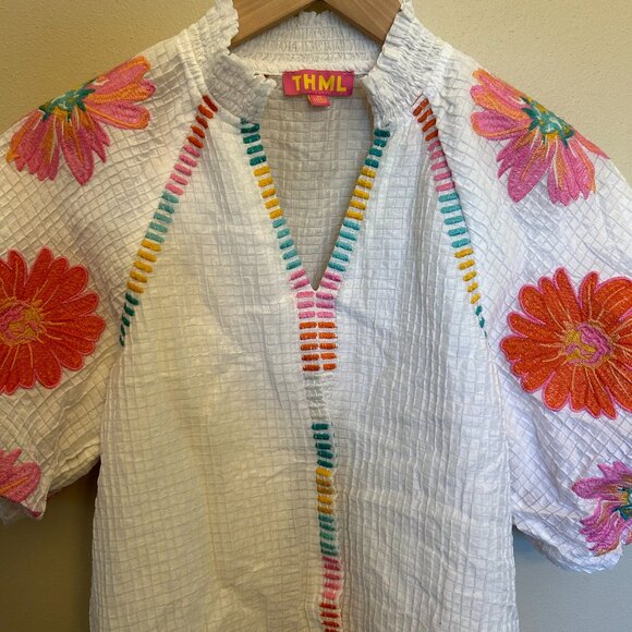 THML White Embroidered Puff Sleeve Top Size Extra Small - Picture 4 of 16